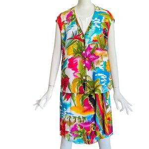 Vintage 90s Carole Little Tropical Print 2 pc Rayon Faux Wrap Skirt Top Sz M/L